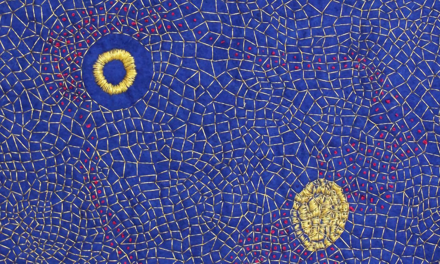 A detail section of "La Niña," shows gold and red yarn and threads handstitched on deep blue felt