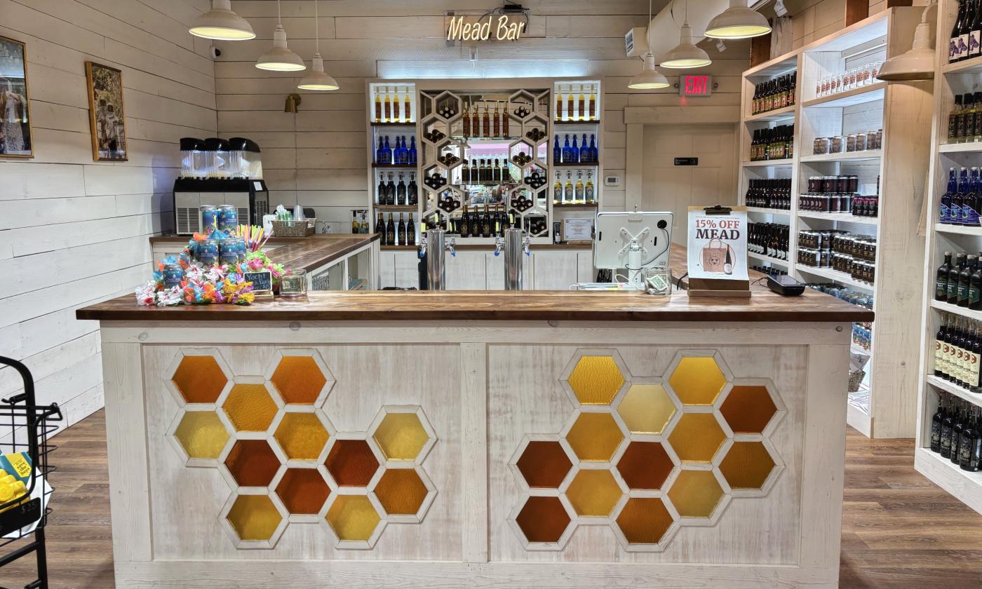 The mead bar with several beverages to sample on display