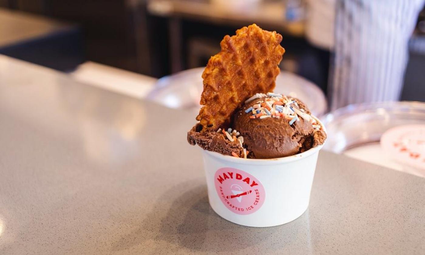 Mayday Ice Cream Cup with Waffle and Sprinkles in St. Augustine.