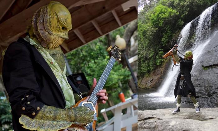 Kilted Creature playing guitar in two images in the North Carolina mountains. 