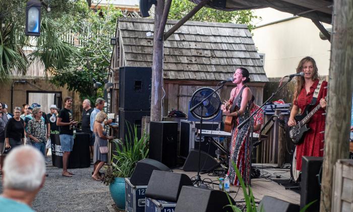 Bad Dog Mama playing for a crowd at the Colonial Oak Music Park on St. George Street