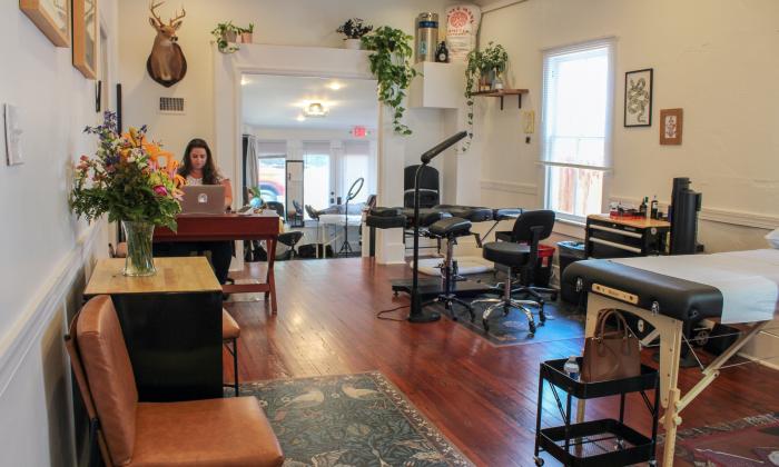 The reception area of Ink & Barley Tattoos and Brews studio