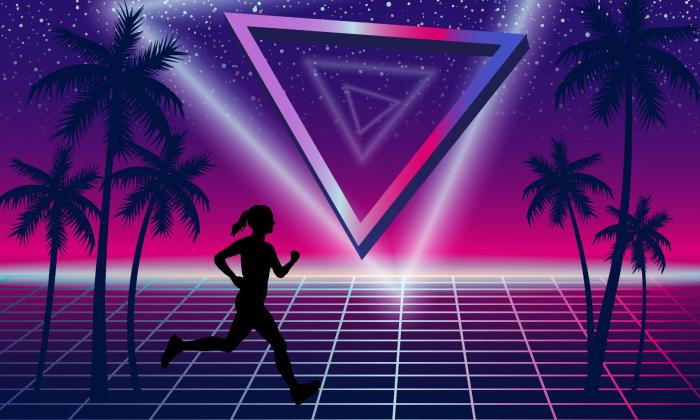 A silhouette of a runner against a 80s-style background with neon lights and palm trees