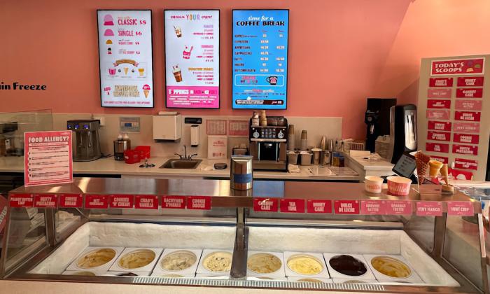 Millie's ice cream counter with a display of the menu behind