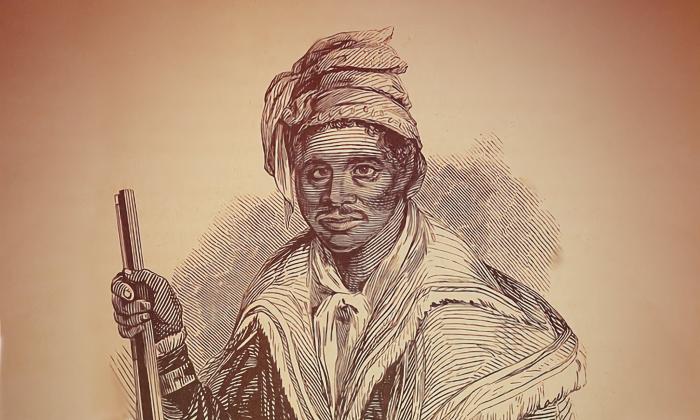 Sepia-toned lined portrait of Black Seminole leader Abraham. He holds the muzzle of a gun, a headwrap, and furs on his shoulders.