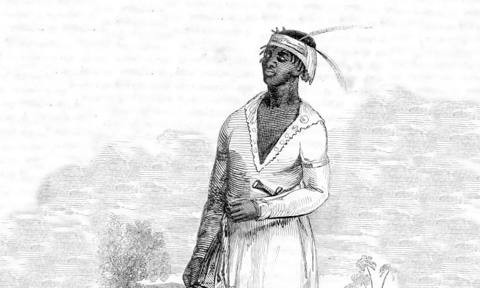 B&W illustration of a Black man dressed in Seminole garb.