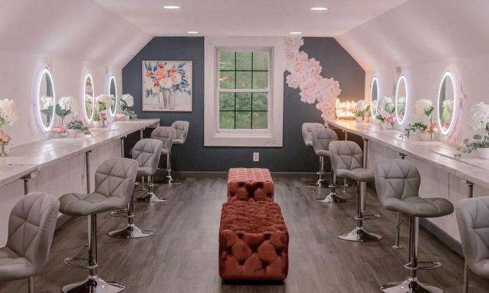 A bridal salon with rows of vanities