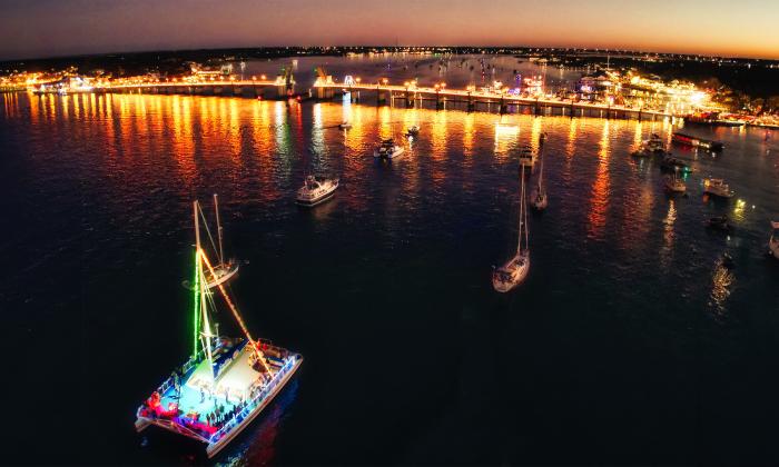 An aerial view of Fury 3 and the Bridge of Lions during Nights of Lights