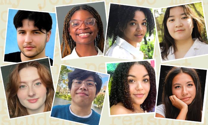 Eight headshots of young actors appearing in a play