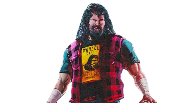 A cartoon-style illustration of legendary wrestler Mick Foley standing against a plain white background.
