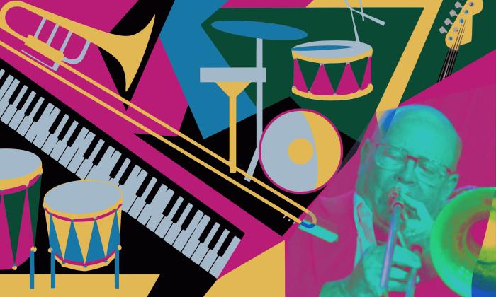 Colorful art featuring various instruments, and a man playing a trombone
