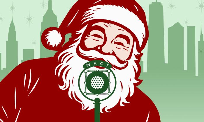 Santa at an old radio mic, with a city skyline behind him