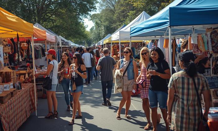 People visiting the booths and tents at an outside market