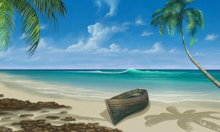 Art depicting a caribbean island with a dugout canoe on shore