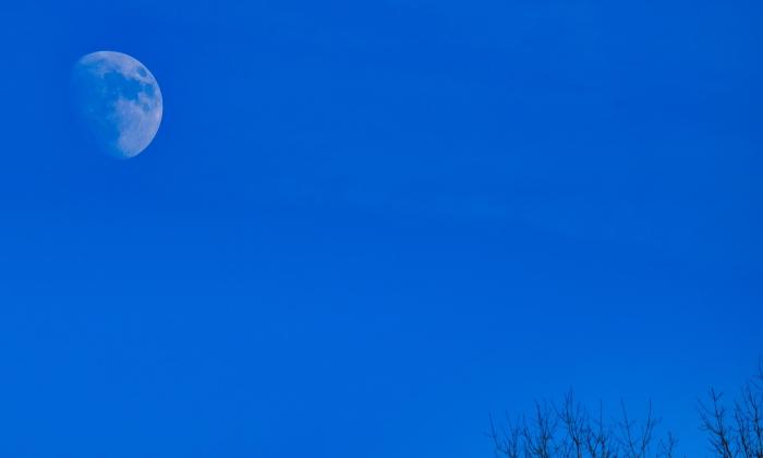 A nearly full moon in a dark blue sky