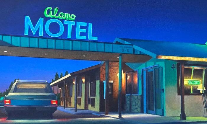 A section of an acrylic painting, called "Alamo Motel" painted by Alex Devereux