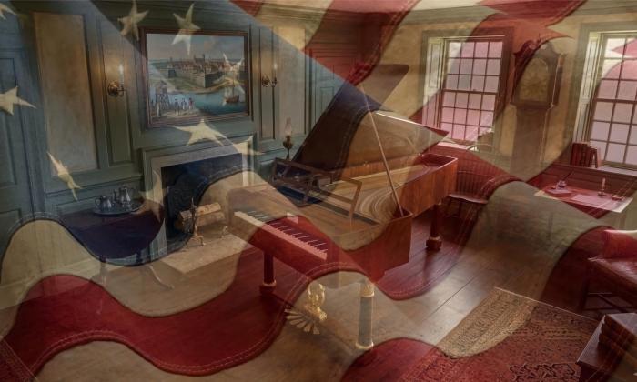 A transparent American Flag over an image of an early American music room