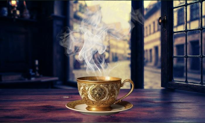 A china cup of coffee on a saucer in front of a window in a home in Europe