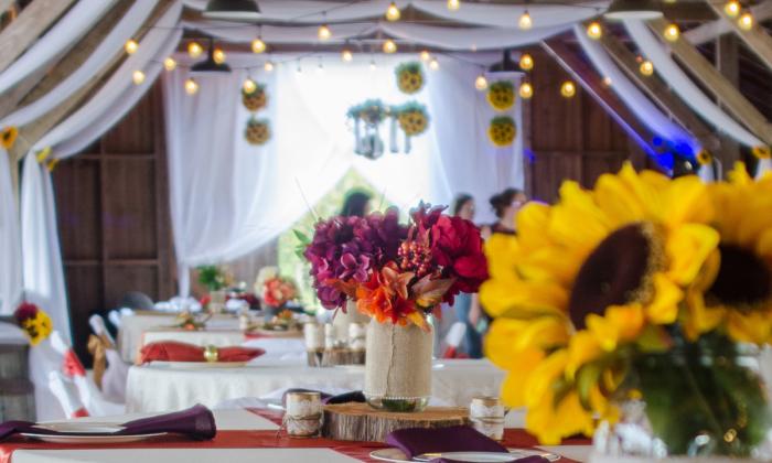 The old dairy barn at the Florida Agricultural Museum, bedecked for a wedding with bright sunflowers. Fantasy Art Photography.