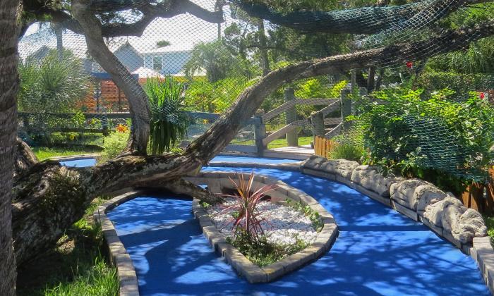 One of the lovely, tree-shaded holes at Anastasia Miniature Golf in St. Augustine.