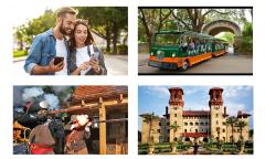 A collage of three attractions for St. Augustine Tour Pass, and one couple using the pass