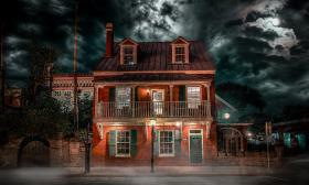 A photo of Harry's restaurant under a dark and stormy sky