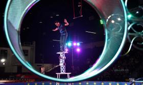 An acrobat performing at the Loomis Bros. Circus