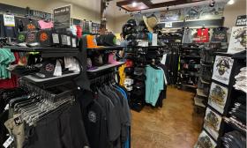 The Harley-Davidson shop is full of clothing and gear