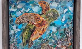 A sea turtle art piece displayed
