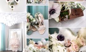 Wedding details such as flowers, rings, and the bride's dress