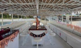 The "Exodos" pontoon boat decorated for a birthday party