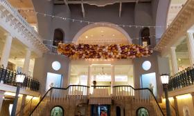 A balloon arrangement hanging at a wedding reception