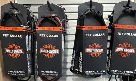 Leashes and collars for dogs shown with the Harley-Davidson logo
