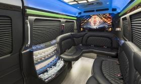 The inside seating of a limousine