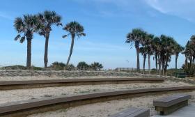 A rustic outdoor amphitheatre near the beach, with palm trees against a blue sky