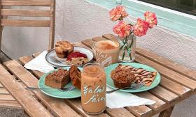 A spread of baked goods and beverages