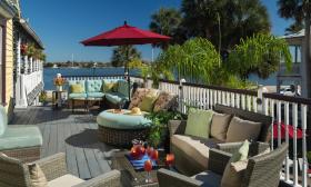 A guest lounge on the second-floor deck of the Bayfront Marin House