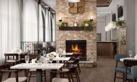 The dining area at DoubleTree, just off the lobby, has a fireplace