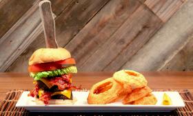 A plate with a burger and onion rings