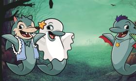 A cartoon of three costumed dolphins ready for Halloween