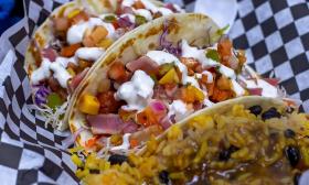 Ahi tuna tacos with a side of rice and beans