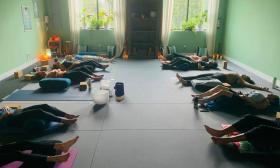 A relaxing yoga class taking place