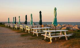 Seating is available at the waterfront picnic tables