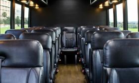 The leather seating interior of a bus