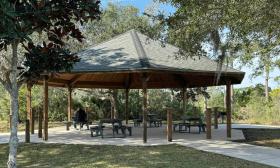 Picnic tables under a pavilion