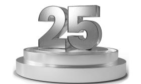 A silver-toned display with the number 25 atop two metal tiers