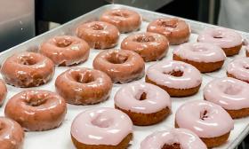 Hot and fresh donuts on a tray