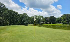 A green at Julington Creek under a blue sky wiht fluffy clouds