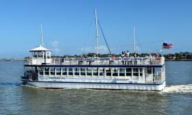 The Victory III, of the Scenic Cruise water tour in St. Augustine, moves along the bayfront