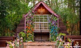 A wedding ceremony floral arrangement